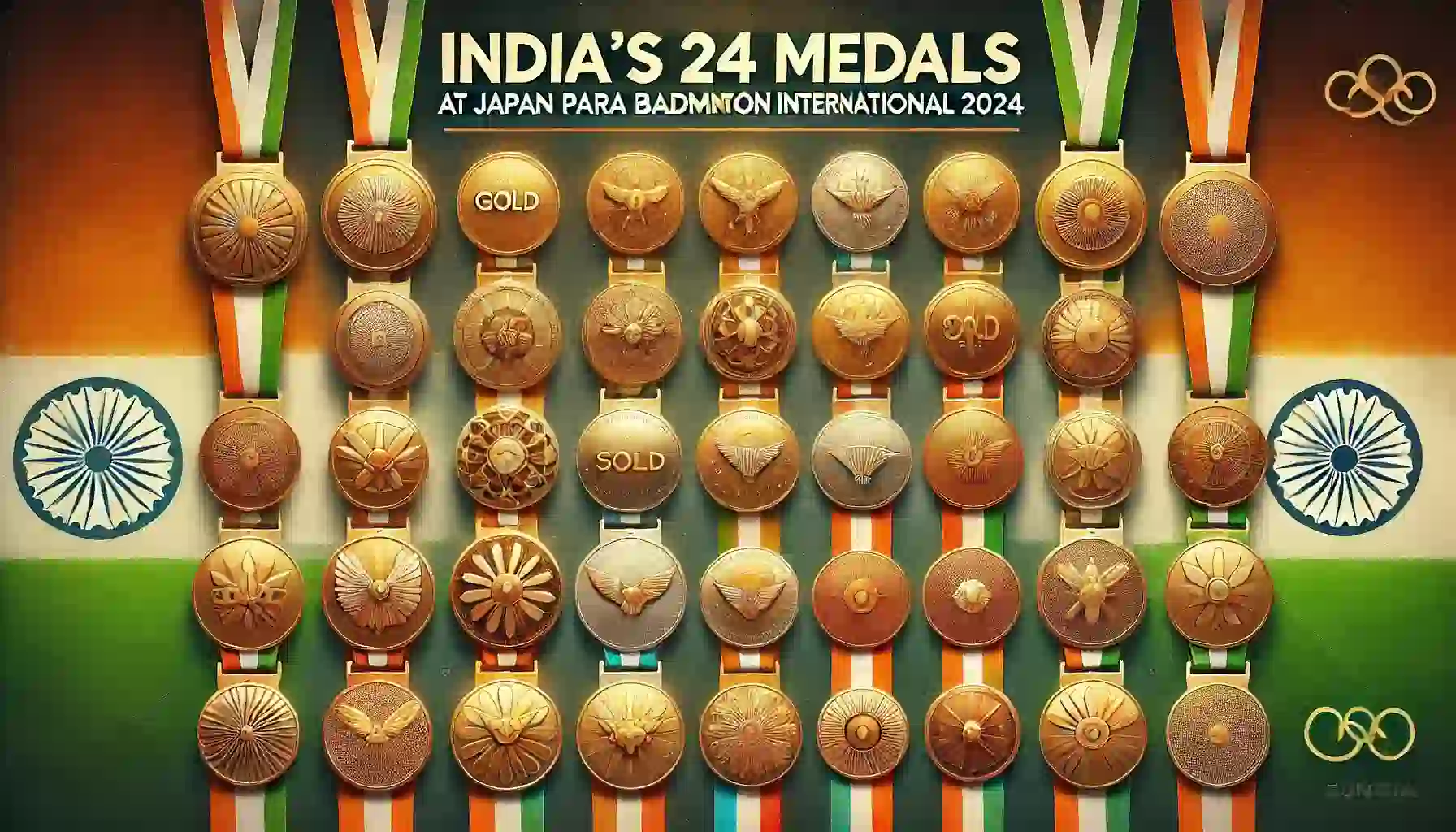 visual representation of India's 24 medals at the Japan Para Badminton International 2024, including six gold, nine silver, and nine bronze medals.